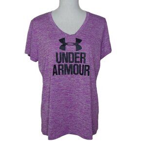Under Armour Womens Anti-Odor Quick Dry Large Logo V Neck T-Shirt Purple Sz L